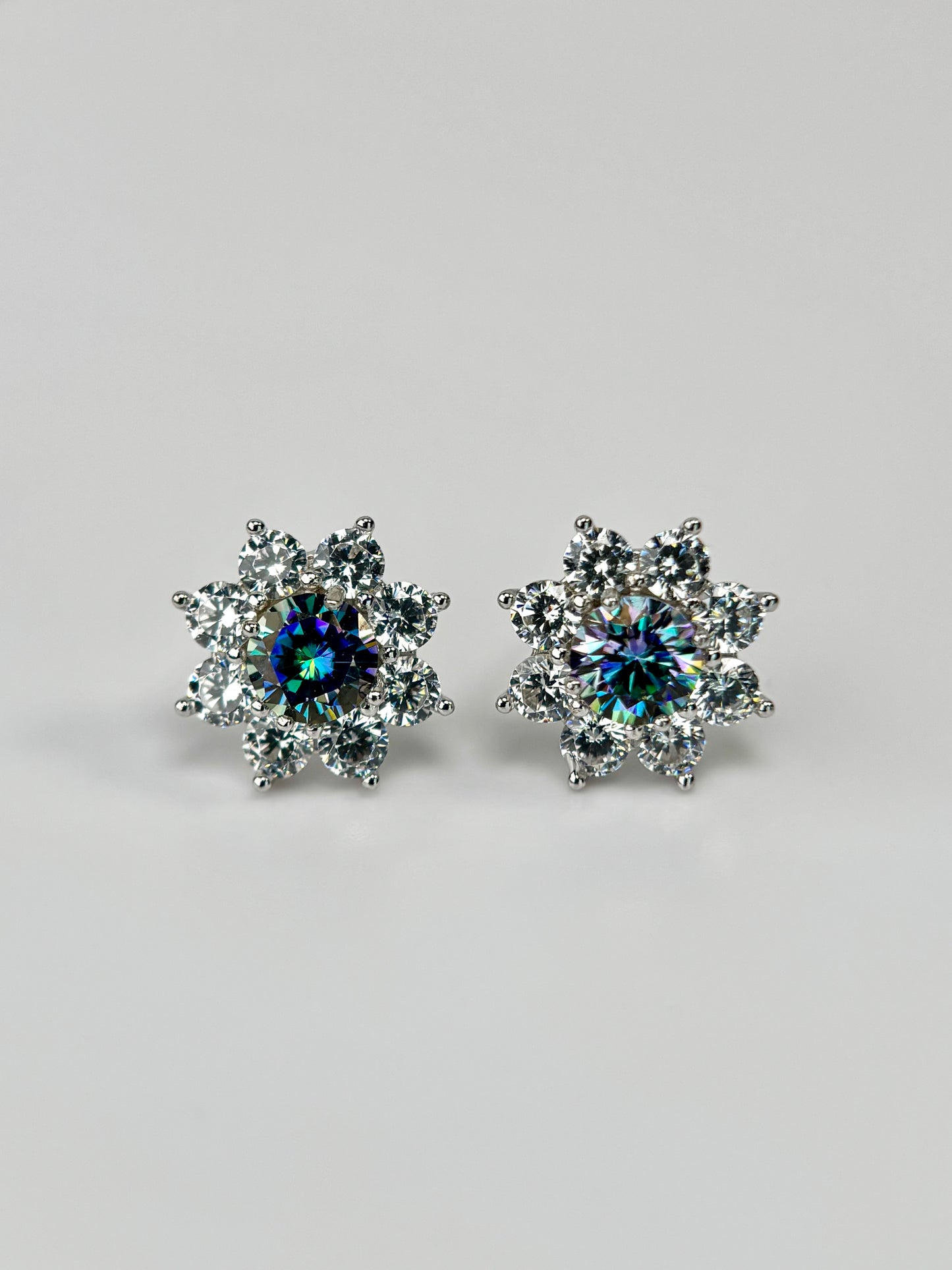 Blue Floral Halo Moissanite Stud Earrings