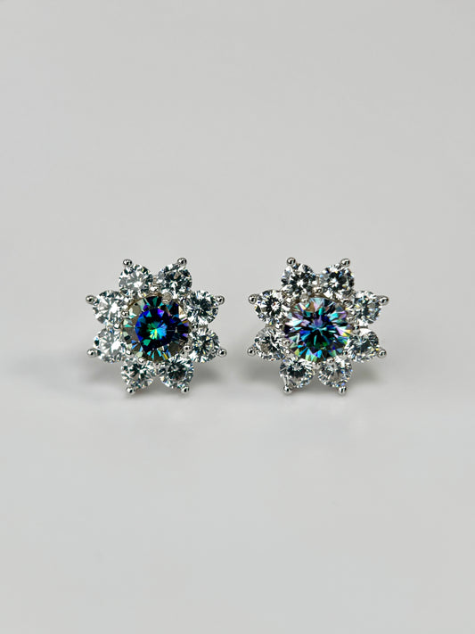 Blue Floral Halo Moissanite Stud Earrings